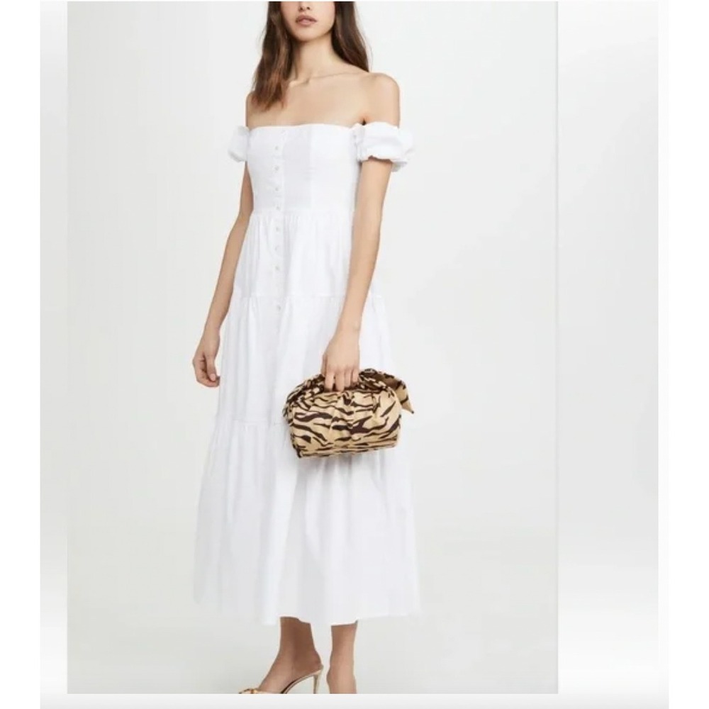 STAU D Elio White Tiered Off the Shoulder Poplin Cotton Midi Dress Size 12